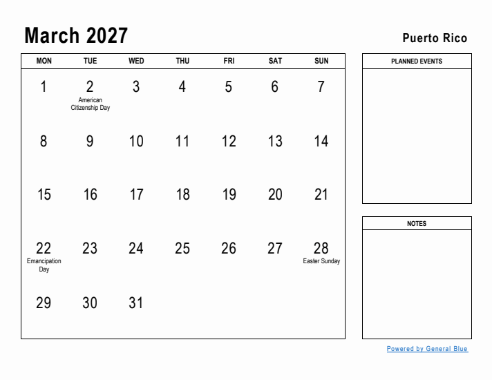 March 2027 Printable Monthly Calendar with Puerto Rico Holidays