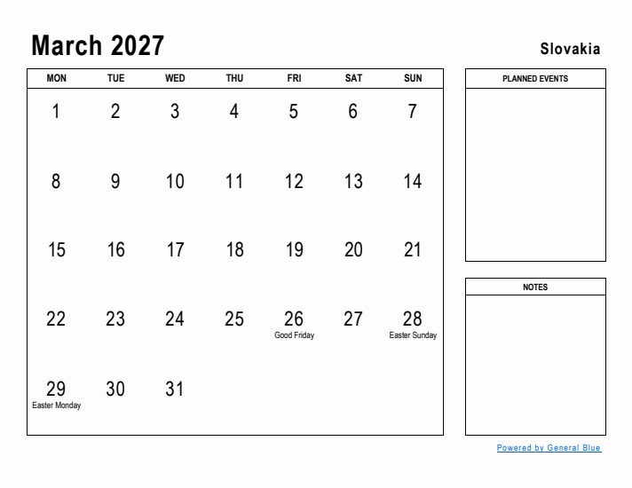 March 2027 Printable Monthly Calendar with Slovakia Holidays