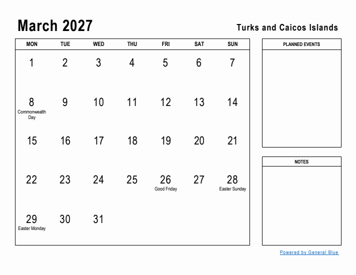 March 2027 Printable Monthly Calendar with Turks and Caicos Islands Holidays