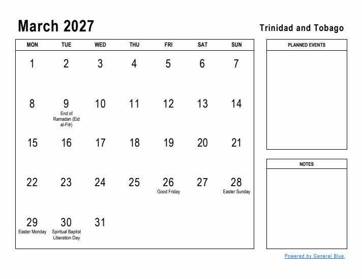 March 2027 Printable Monthly Calendar with Trinidad and Tobago Holidays