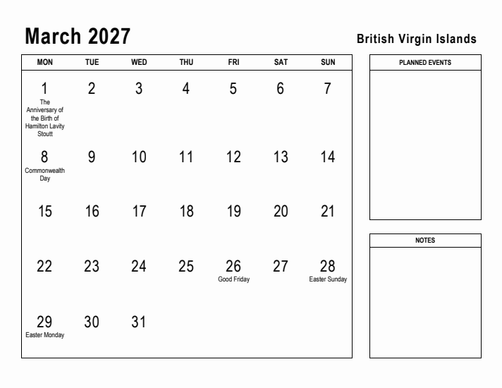 March 2027 Printable Monthly Calendar with British Virgin Islands Holidays