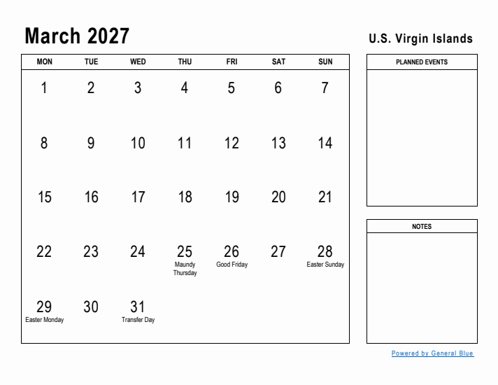 March 2027 Printable Monthly Calendar with U.S. Virgin Islands Holidays