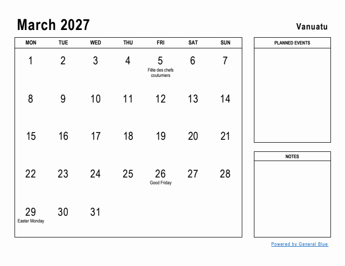 March 2027 Printable Monthly Calendar with Vanuatu Holidays