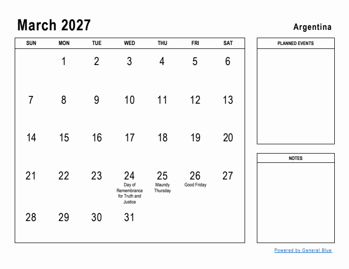 March 2027 Printable Monthly Calendar with Argentina Holidays