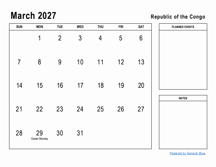 March 2027 Printable Monthly Calendar with Republic of the Congo Holidays