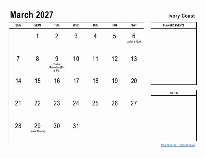March 2027 Printable Monthly Calendar with Ivory Coast Holidays