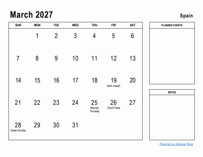 March 2027 Printable Monthly Calendar with Spain Holidays