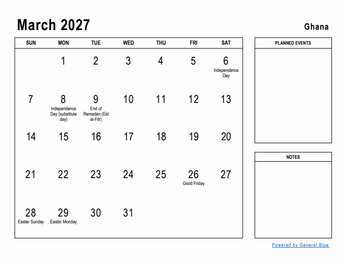 March 2027 Printable Monthly Calendar with Ghana Holidays