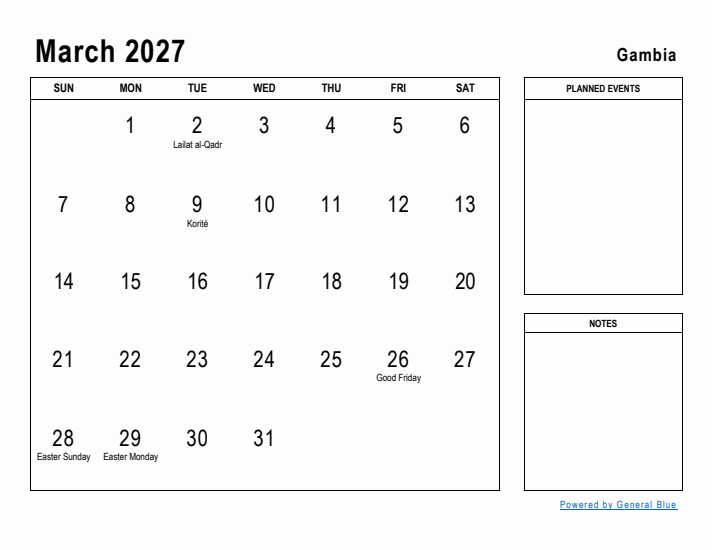 March 2027 Printable Monthly Calendar with Gambia Holidays