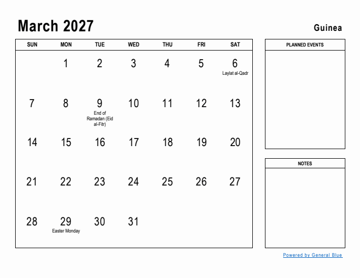 March 2027 Printable Monthly Calendar with Guinea Holidays