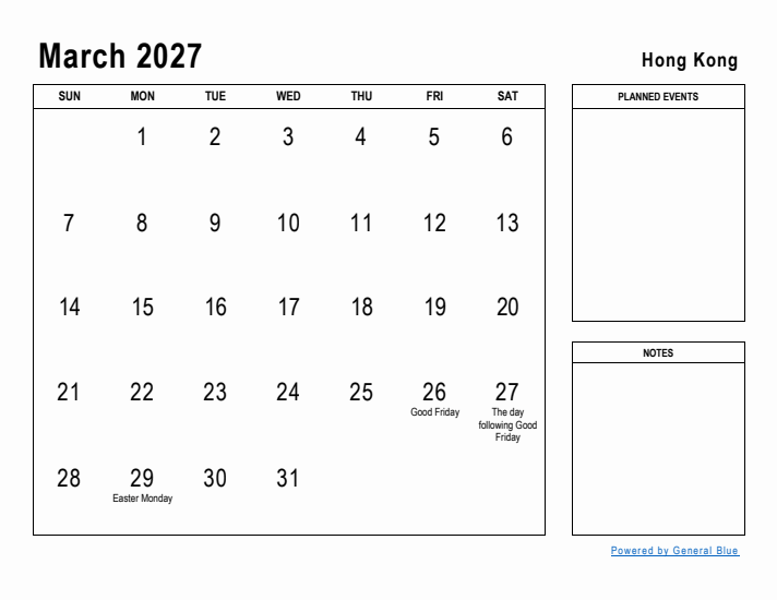March 2027 Printable Monthly Calendar with Hong Kong Holidays