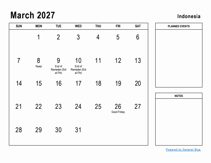 March 2027 Printable Monthly Calendar with Indonesia Holidays
