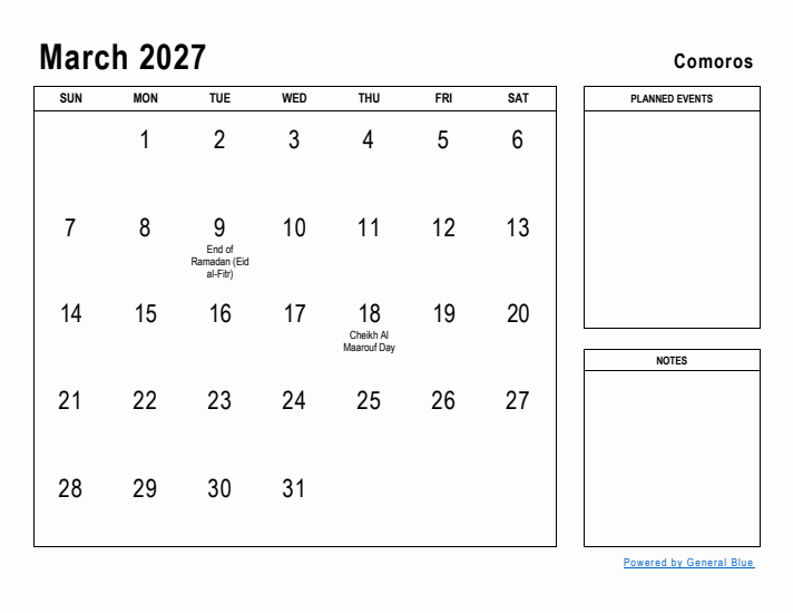 March 2027 Printable Monthly Calendar with Comoros Holidays
