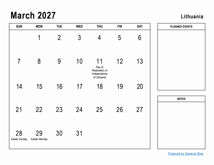 March 2027 Printable Monthly Calendar with Lithuania Holidays