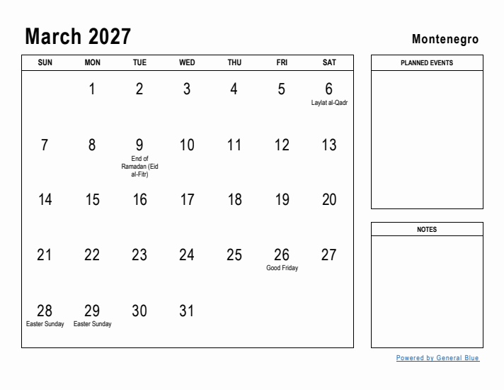March 2027 Printable Monthly Calendar with Montenegro Holidays