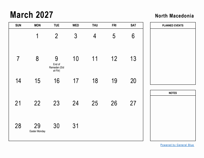 March 2027 Printable Monthly Calendar with North Macedonia Holidays
