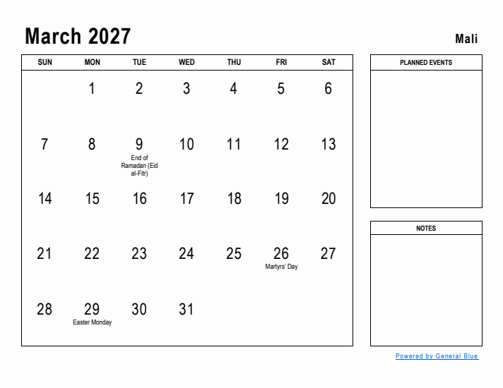 March 2027 Printable Monthly Calendar with Mali Holidays
