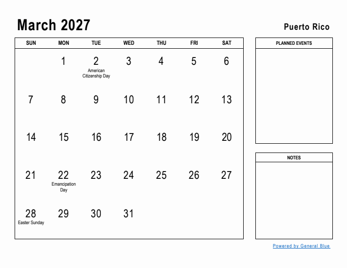 March 2027 Printable Monthly Calendar with Puerto Rico Holidays