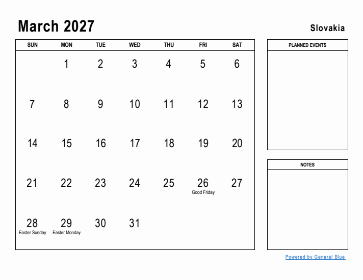 March 2027 Printable Monthly Calendar with Slovakia Holidays