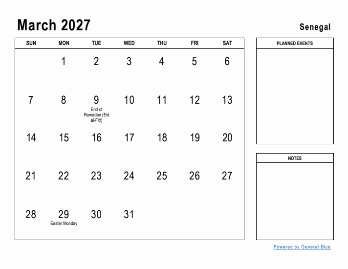 March 2027 Printable Monthly Calendar with Senegal Holidays