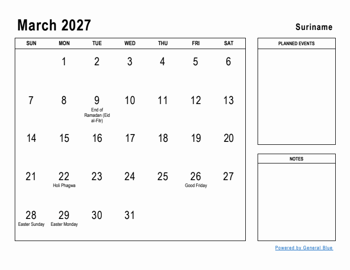 March 2027 Printable Monthly Calendar with Suriname Holidays