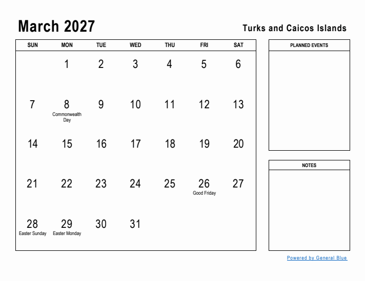March 2027 Printable Monthly Calendar with Turks and Caicos Islands Holidays