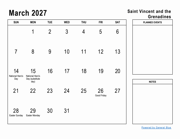 March 2027 Printable Monthly Calendar with Saint Vincent and the Grenadines Holidays
