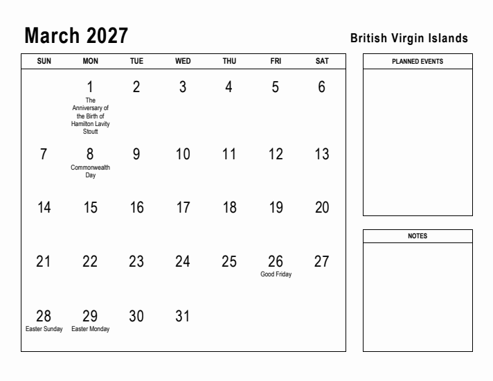 March 2027 Printable Monthly Calendar with British Virgin Islands Holidays