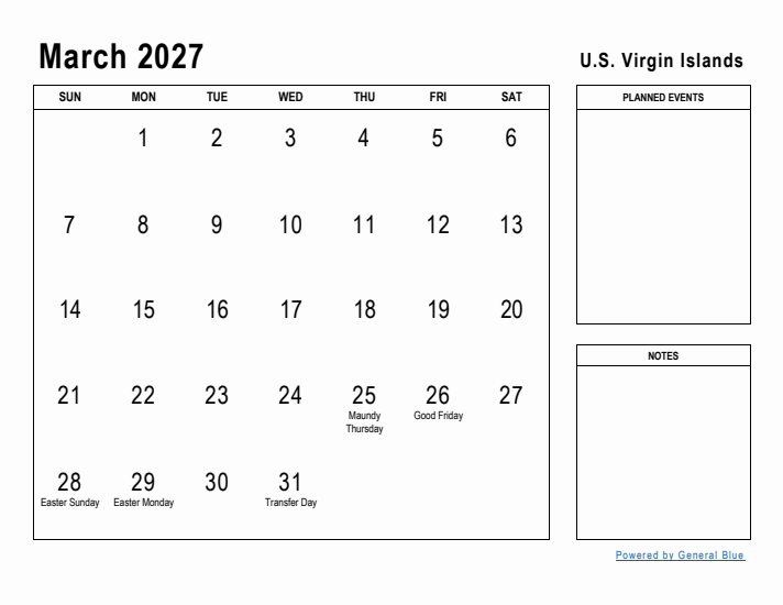 March 2027 Printable Monthly Calendar with U.S. Virgin Islands Holidays