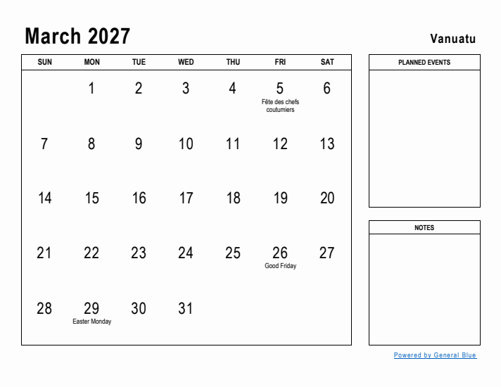 March 2027 Printable Monthly Calendar with Vanuatu Holidays