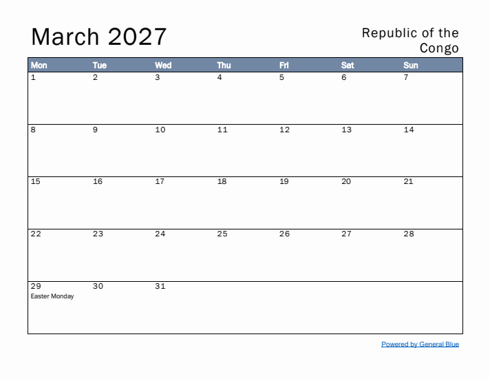 March 2027 Simple Monthly Calendar for Republic of the Congo