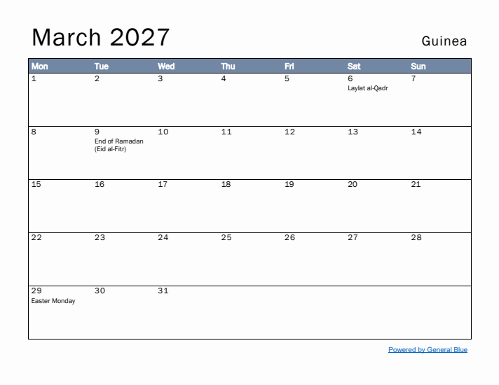March 2027 Simple Monthly Calendar for Guinea