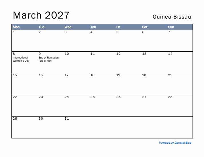 March 2027 Simple Monthly Calendar for Guinea-Bissau
