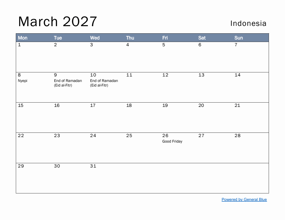 Free Monthly Calendar Template for March 2027 with Indonesia Holidays