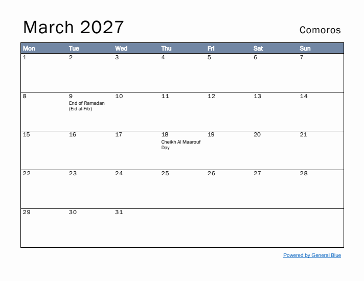 March 2027 Simple Monthly Calendar for Comoros