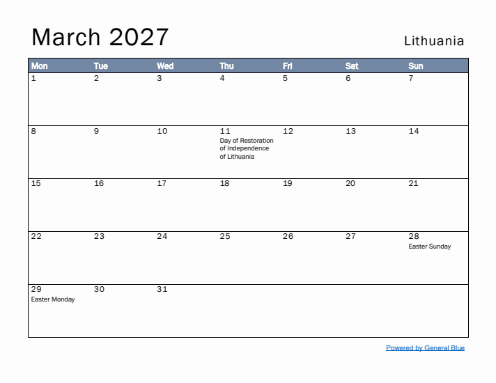 March 2027 Simple Monthly Calendar for Lithuania