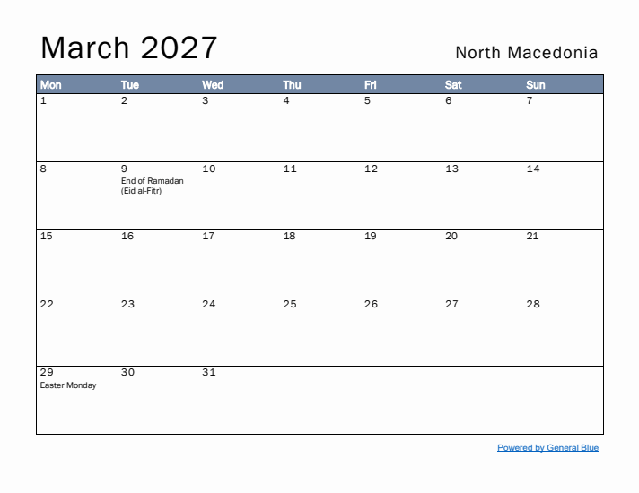 March 2027 Simple Monthly Calendar for North Macedonia