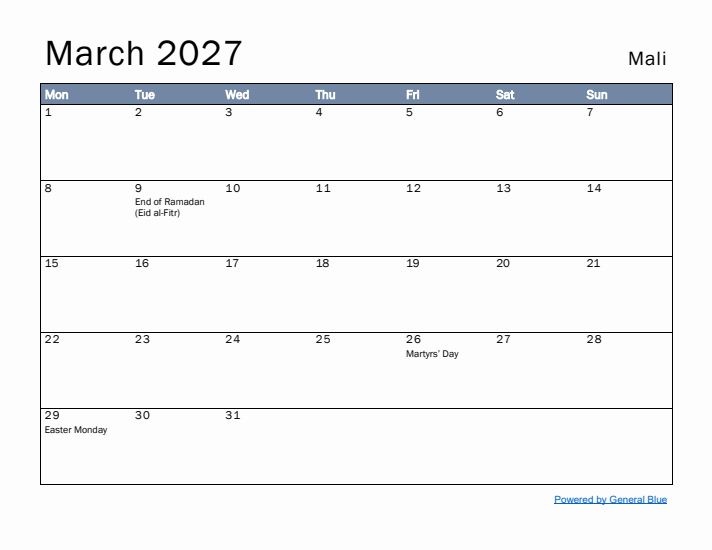 March 2027 Simple Monthly Calendar for Mali