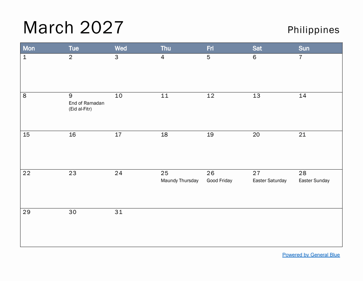 Free Monthly Calendar Template for March 2027 with Philippines Holidays