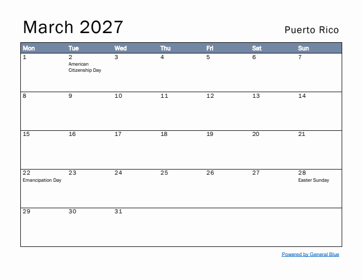 March 2027 Simple Monthly Calendar for Puerto Rico