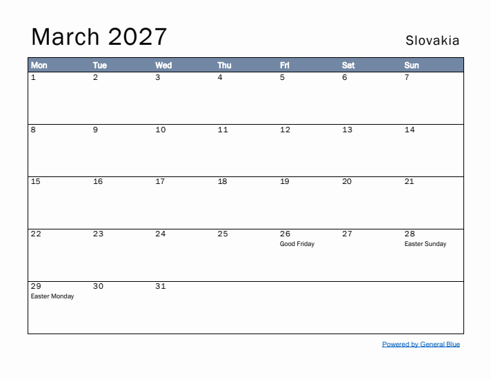 March 2027 Simple Monthly Calendar for Slovakia