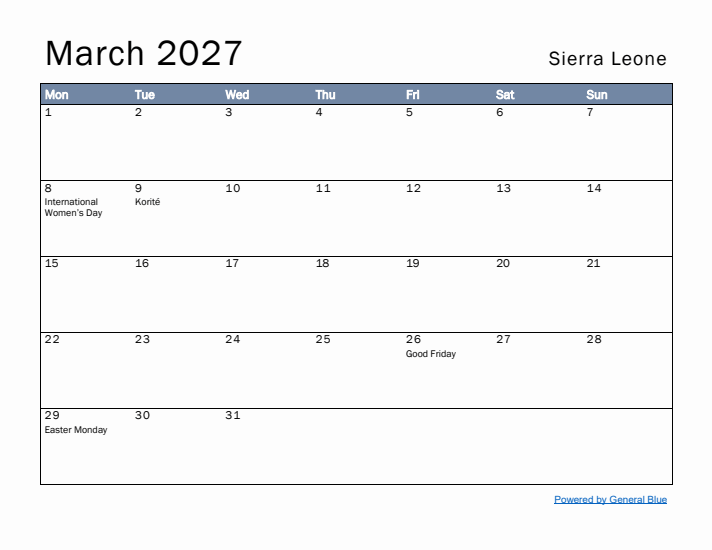 March 2027 Simple Monthly Calendar for Sierra Leone