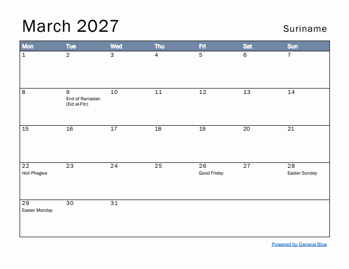 March 2027 Simple Monthly Calendar for Suriname