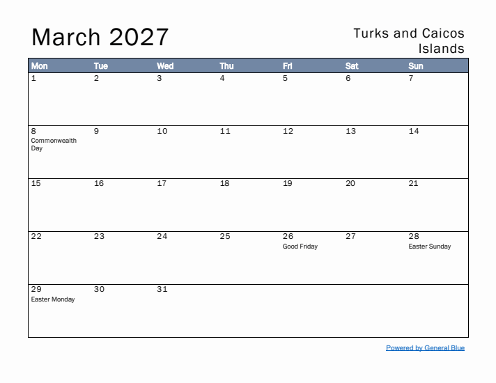 March 2027 Simple Monthly Calendar for Turks and Caicos Islands