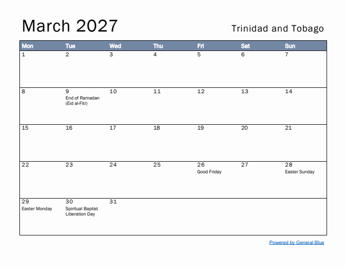 March 2027 Simple Monthly Calendar for Trinidad and Tobago