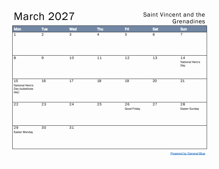 March 2027 Simple Monthly Calendar for Saint Vincent and the Grenadines