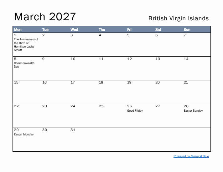 March 2027 Simple Monthly Calendar for British Virgin Islands