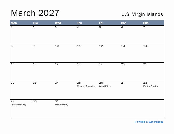March 2027 Simple Monthly Calendar for U.S. Virgin Islands