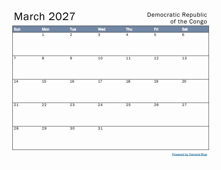 March 2027 Simple Monthly Calendar for Democratic Republic of the Congo
