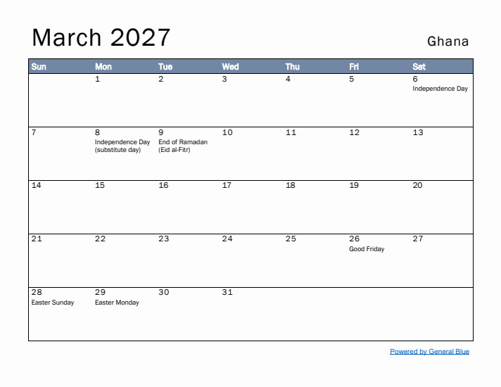 March 2027 Simple Monthly Calendar for Ghana